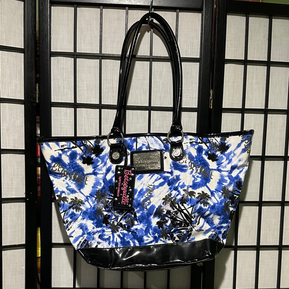 Betsey Johnson Betseyville Blue and Black PVC Tote Bag XL EUC Tag